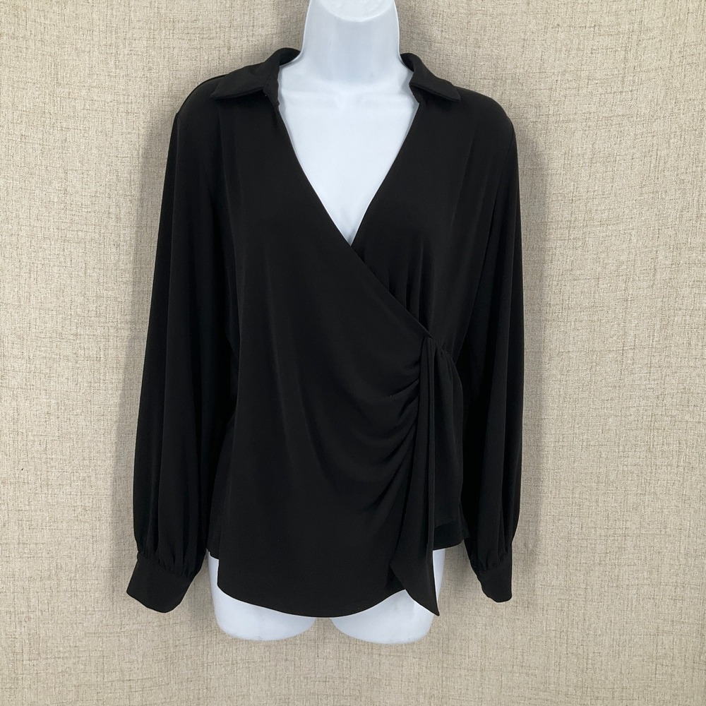 Calvin Klein Blouse Womens Size M Black Stretch Wrap Front Minimalist